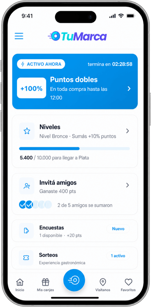 La app del cliente: puntos dobles, niveles, referidos, encuestas y sorteos