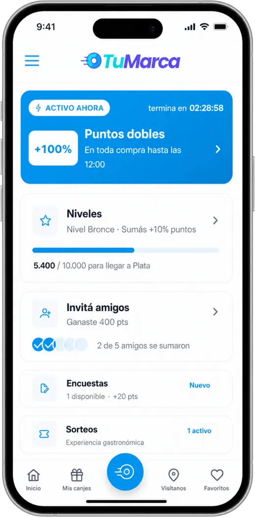 La app del cliente: puntos dobles, niveles, referidos, encuestas y sorteos