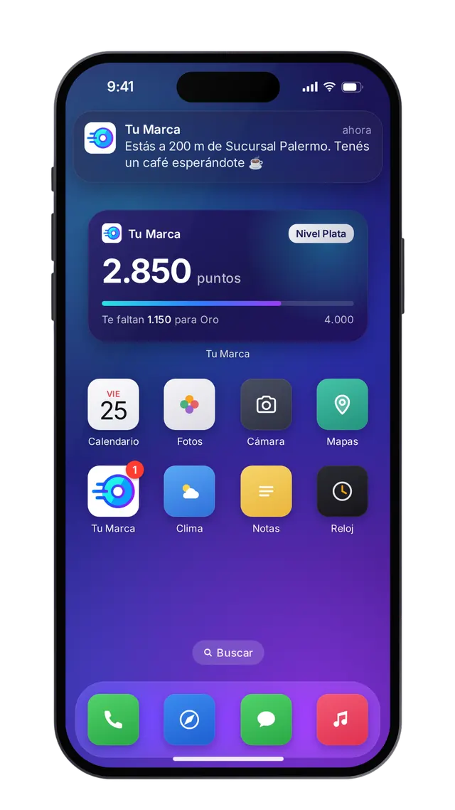 La app de tu marca en la pantalla de inicio del celular: aviso por cercanía a una sucursal y widget con los puntos y el nivel